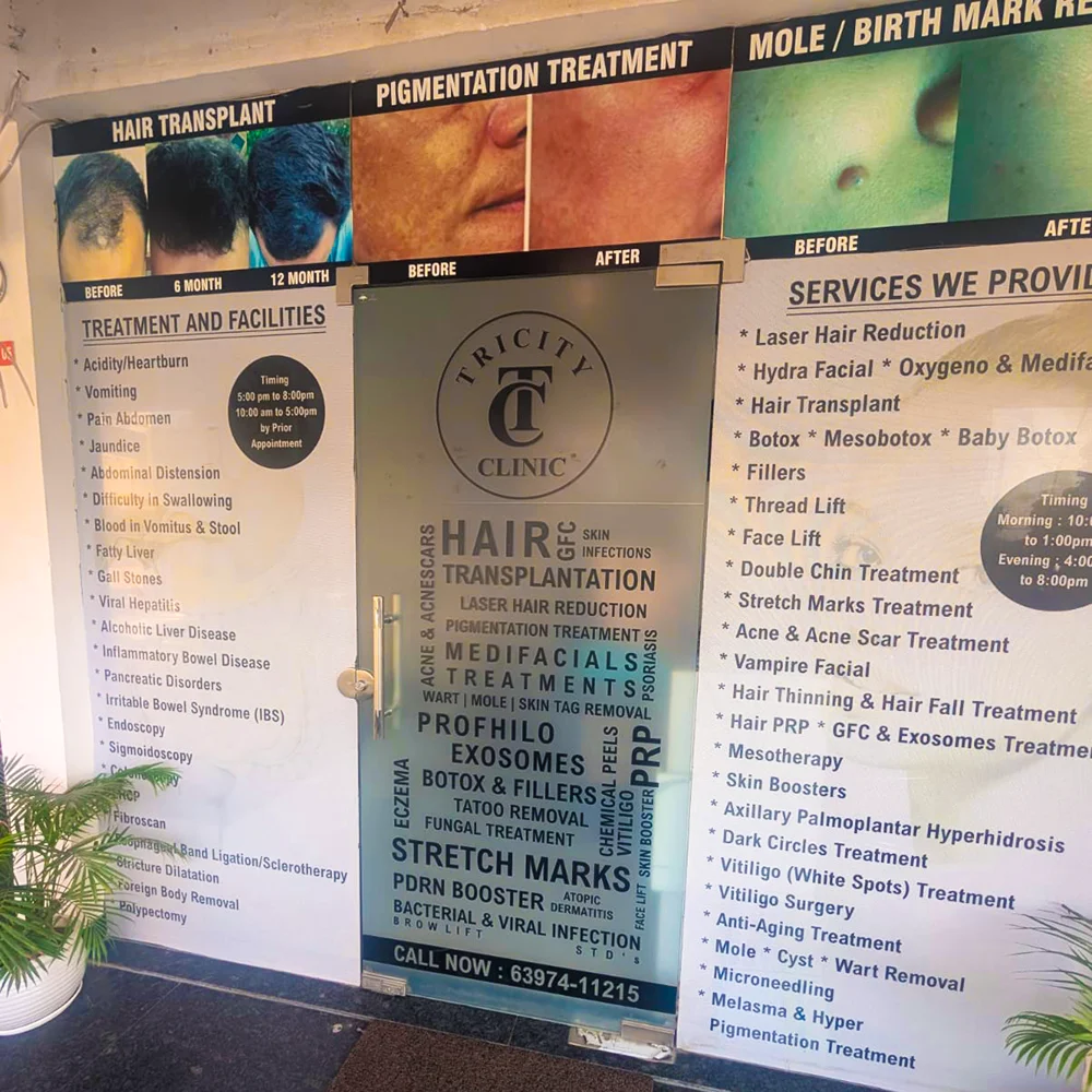 Entrance and service display at Tricity Clinic Zirakpur